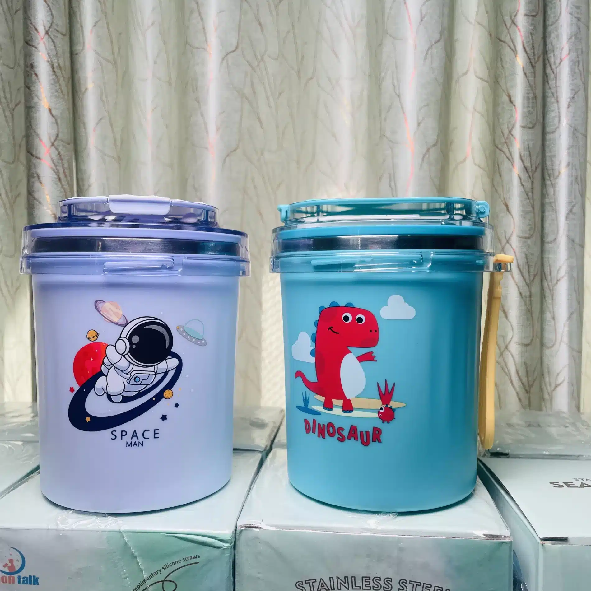 Dino Blue Stainless Steel Insulated Cup with Lid, Straw & Spoon | Kids Cup | Return Gift